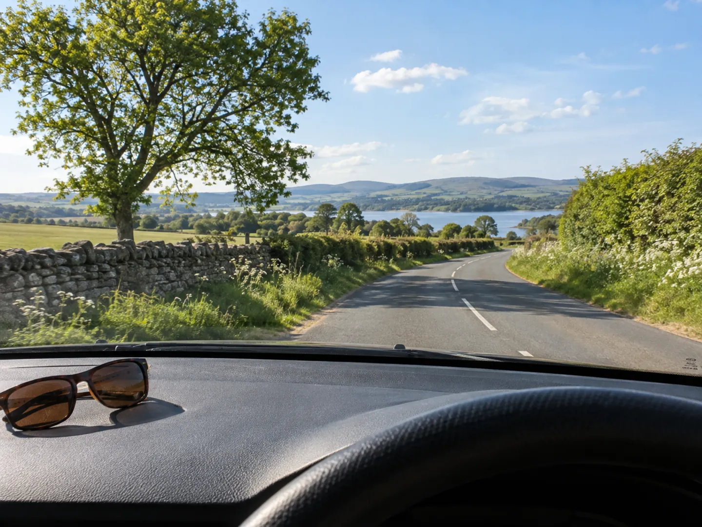 The view through a car windscreen on a bright day, with a pair of brown-tinted sunglasses resting on the dashboard in the foreground