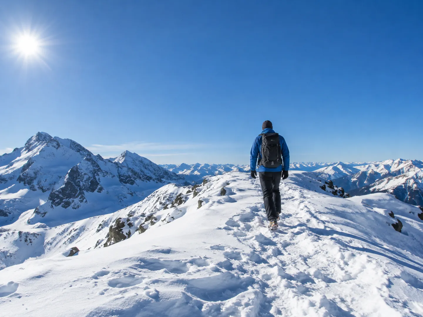 A walker seen from behind on a snowy mountain ridge under a bright sun, with dazzling white snow all around